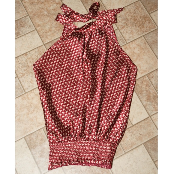 Blue Sketch Tops - Burgundy and cream geometric pattern top